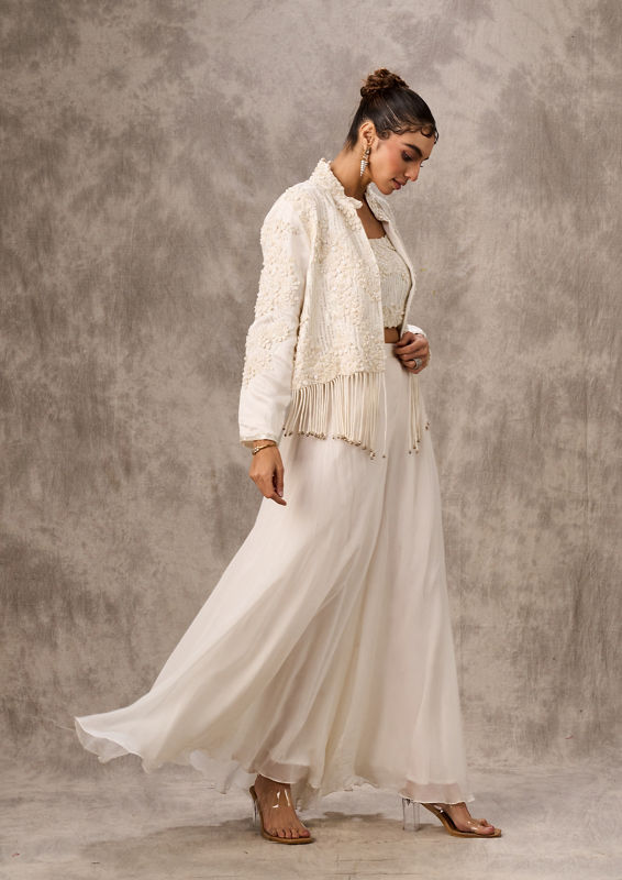 Twamev Women Ivory Silk Floral Tassel Jacket With Sharara