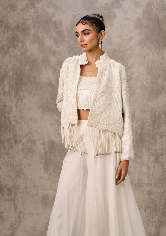 Twamev Women Ivory Silk Floral Tassel Jacket With Sharara
