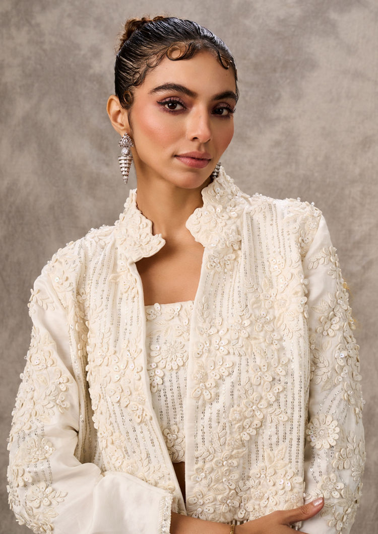 Twamev Women Ivory Silk Floral Tassel Jacket With Sharara