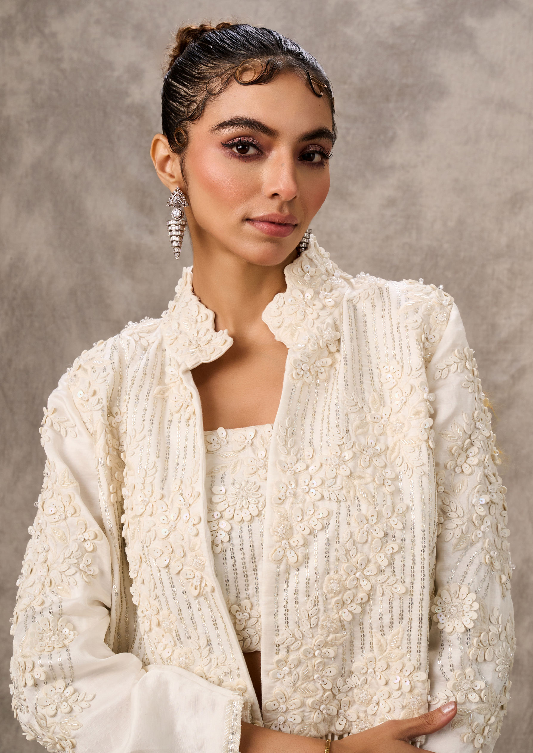 Twamev Women Ivory Silk Floral Tassel Jacket With Sharara