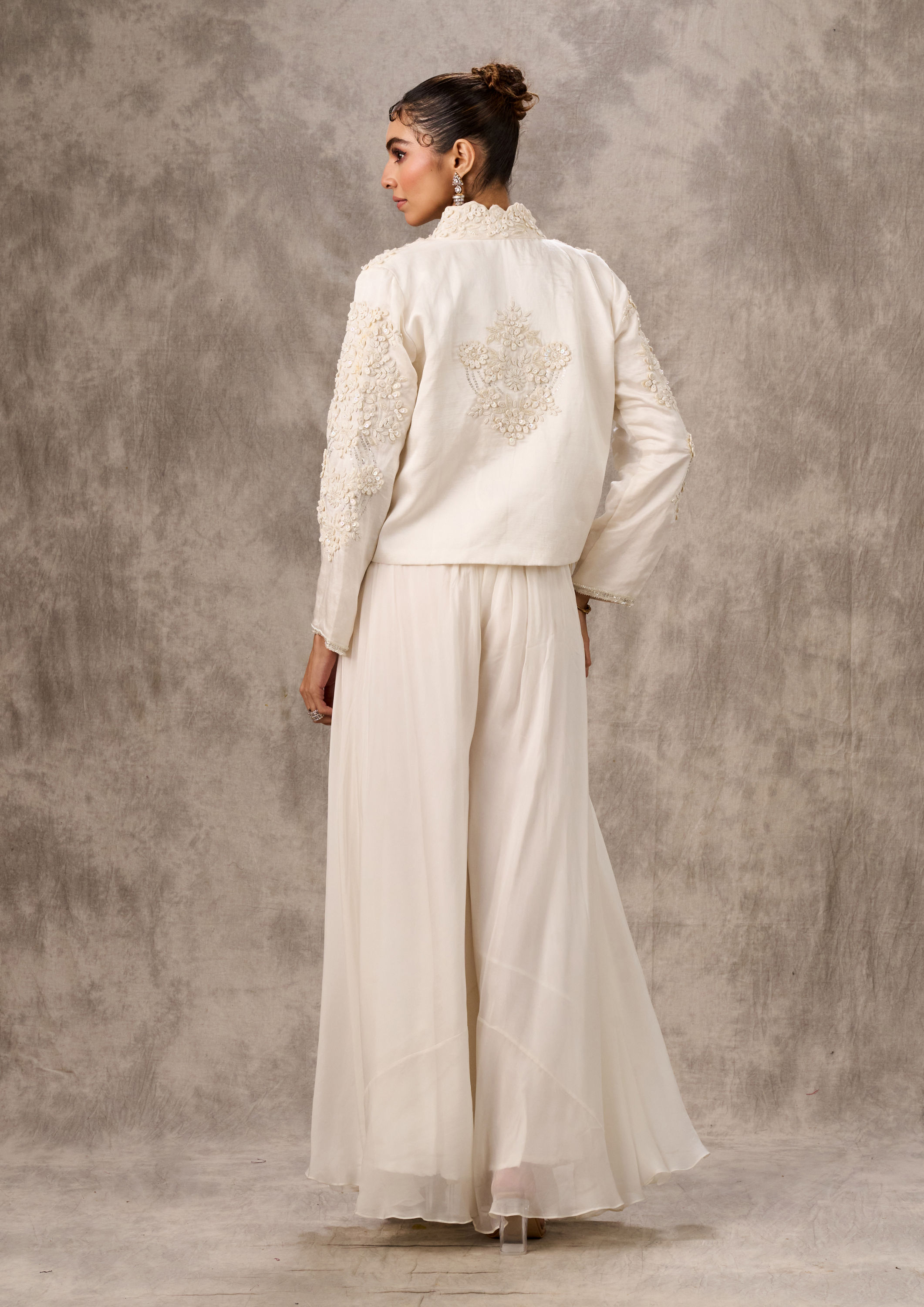 Twamev Women Ivory Silk Floral Tassel Jacket With Sharara