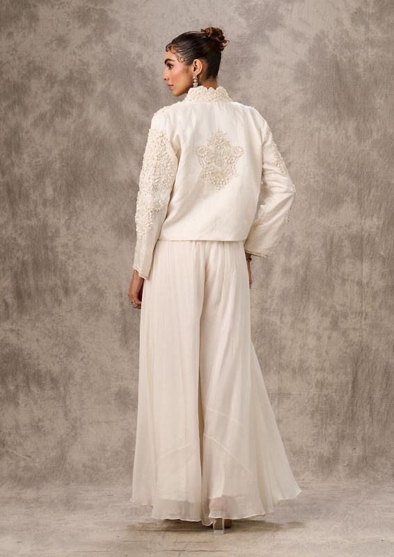 Twamev Women Ivory Silk Floral Tassel Jacket With Sharara