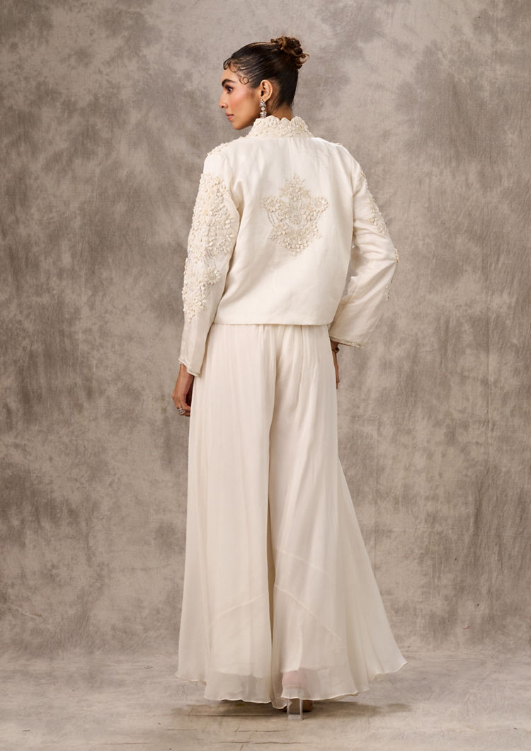 Twamev Women Ivory Silk Floral Tassel Jacket With Sharara