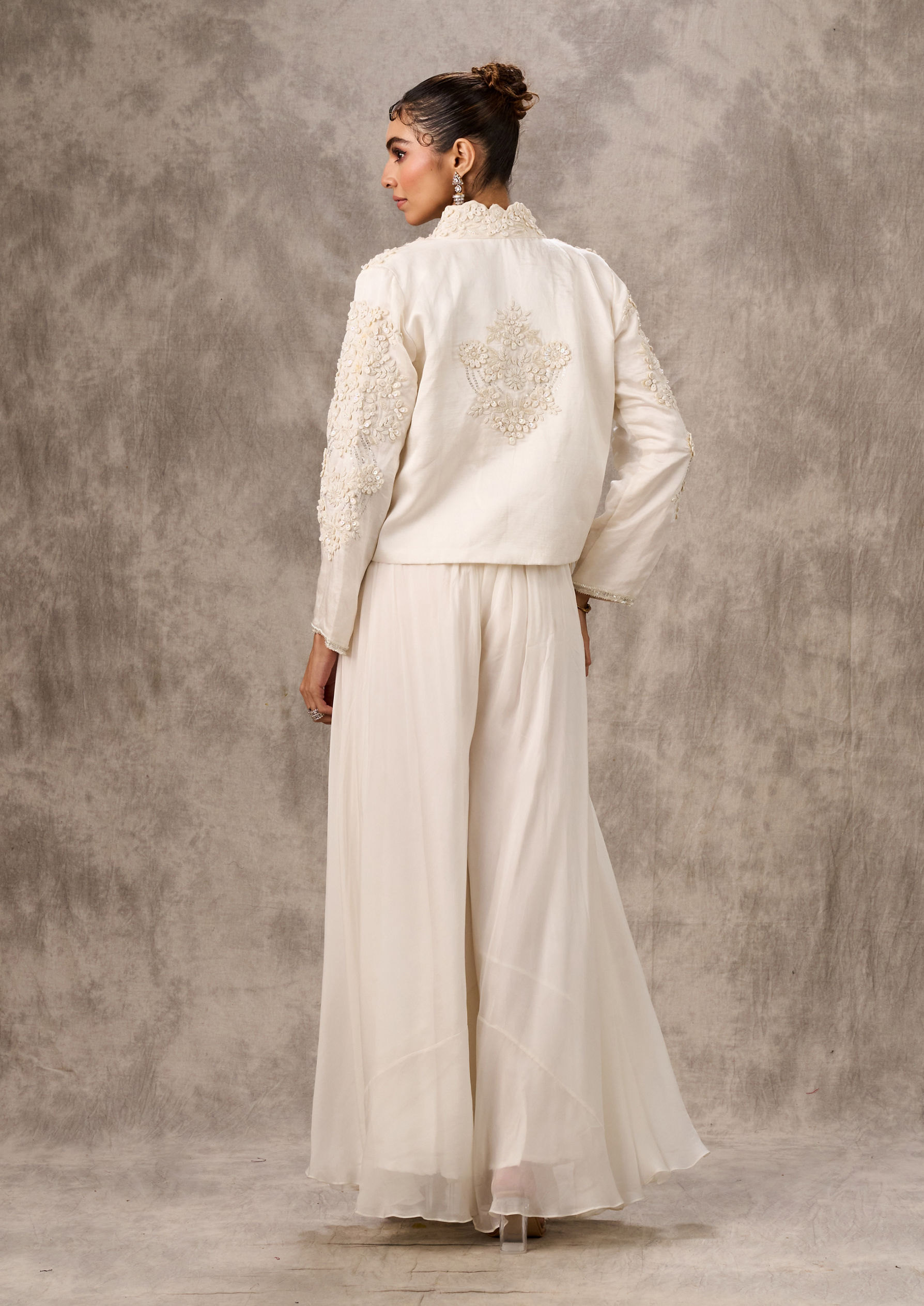 Twamev Women Ivory Silk Floral Tassel Jacket With Sharara