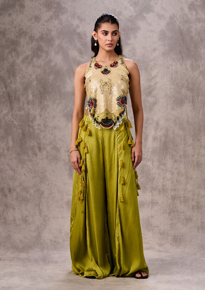 Twamev Women Green Exotic Chinon Palazzo Set Indo Western