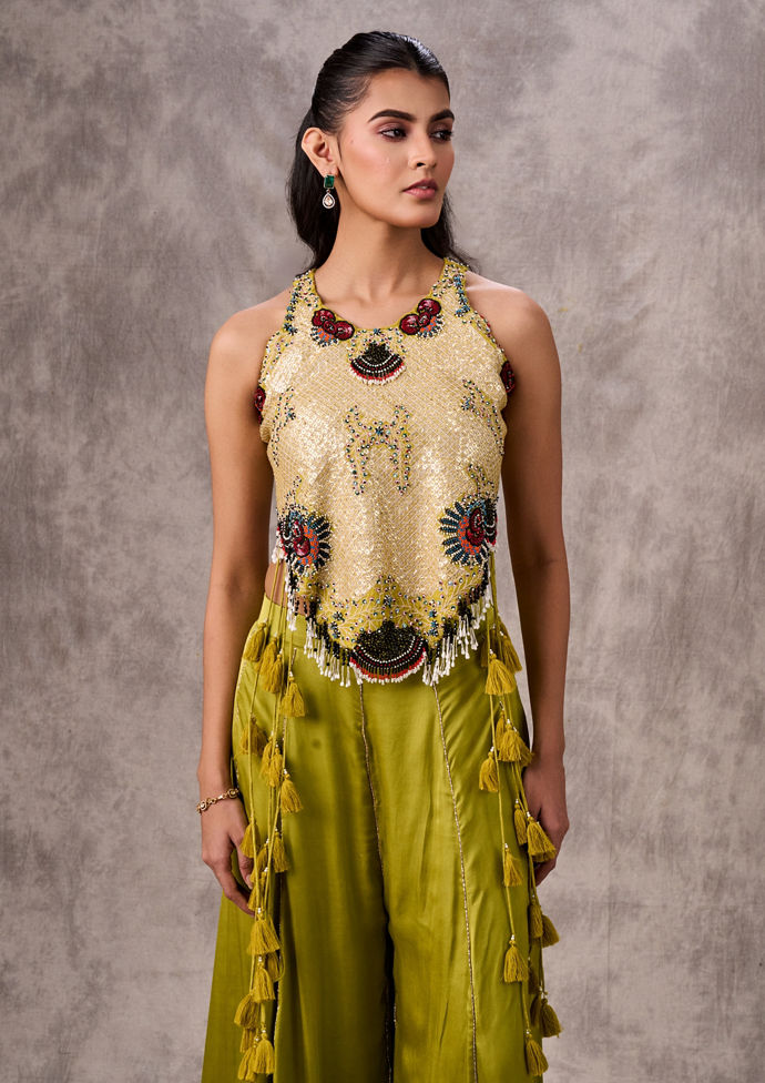 Twamev Women Green Exotic Chinon Palazzo Set Indo Western