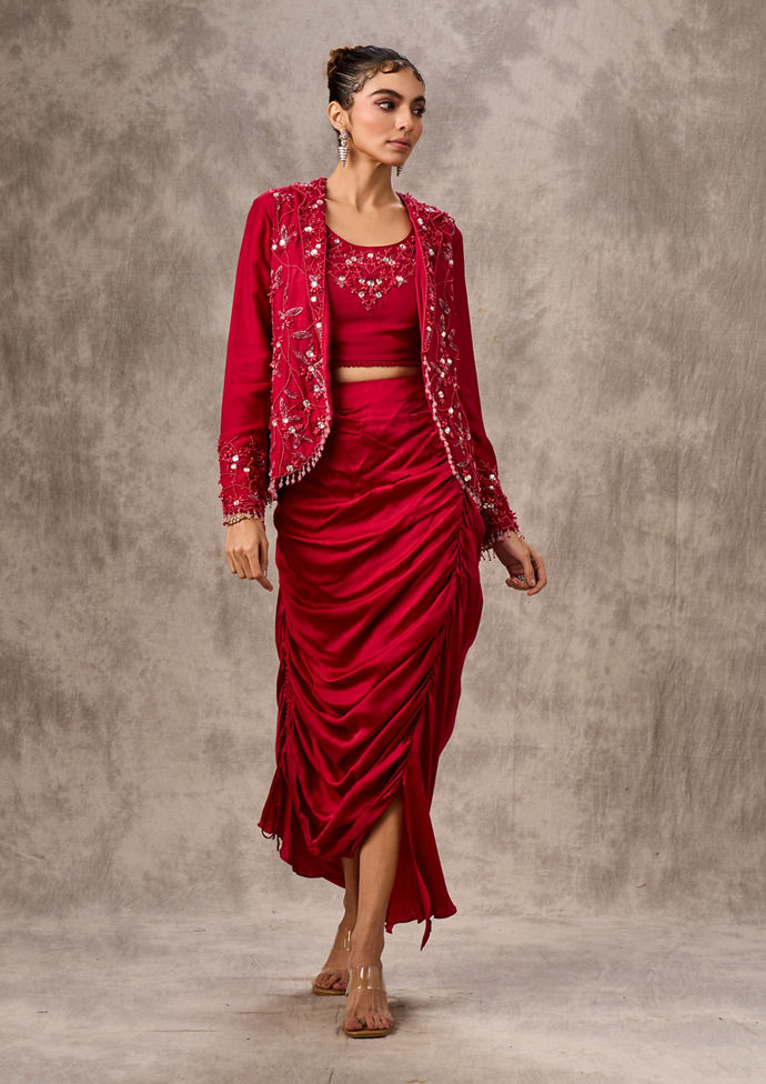Twamev Women Red Silk Hand Embroidered Jacket Top With Draped Skirt