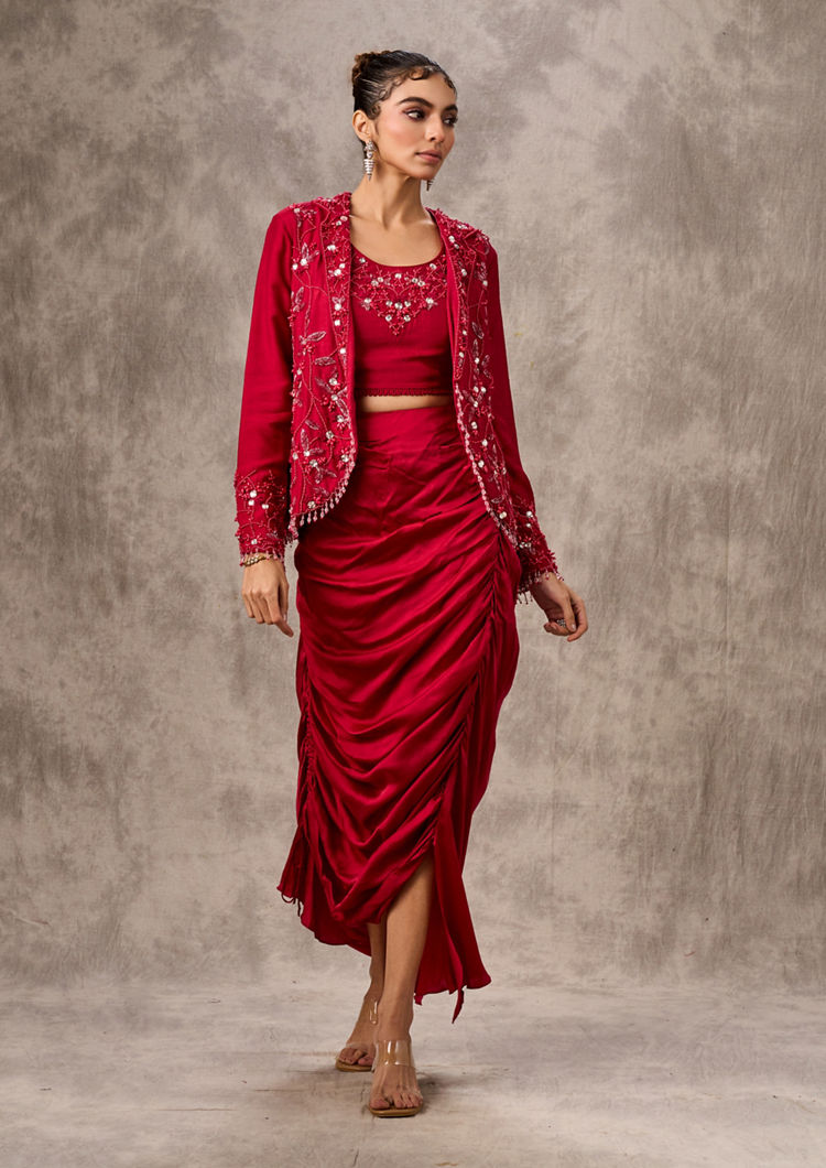 Twamev Women Red Silk Hand Embroidered Jacket Top With Draped Skirt