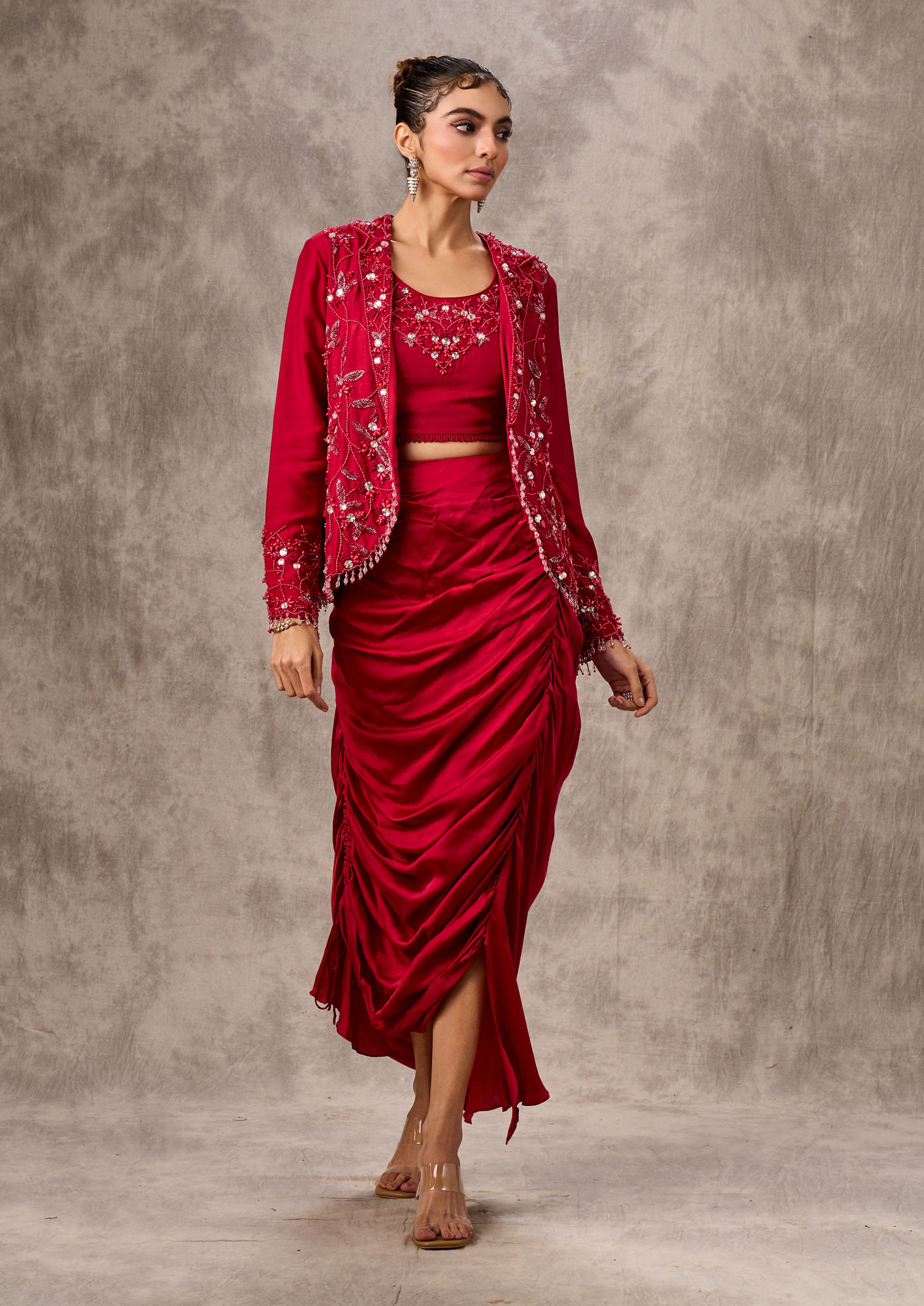 Twamev Women Red Silk Hand Embroidered Jacket Top With Draped Skirt
