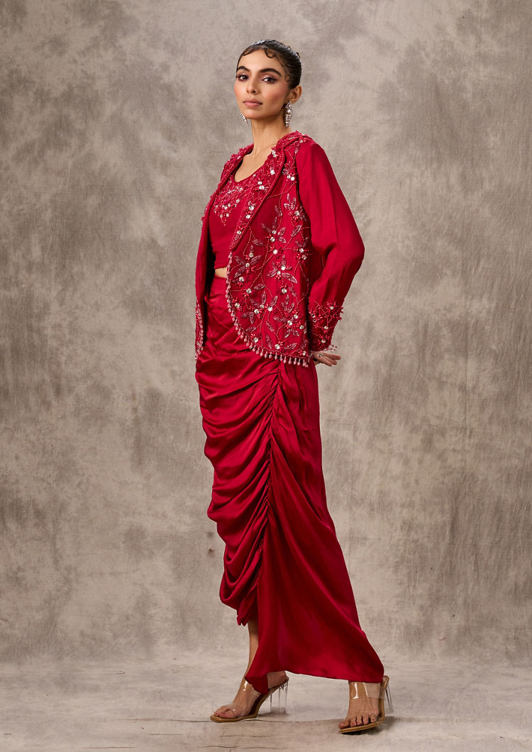 Twamev Women Red Silk Hand Embroidered Jacket Top With Draped Skirt
