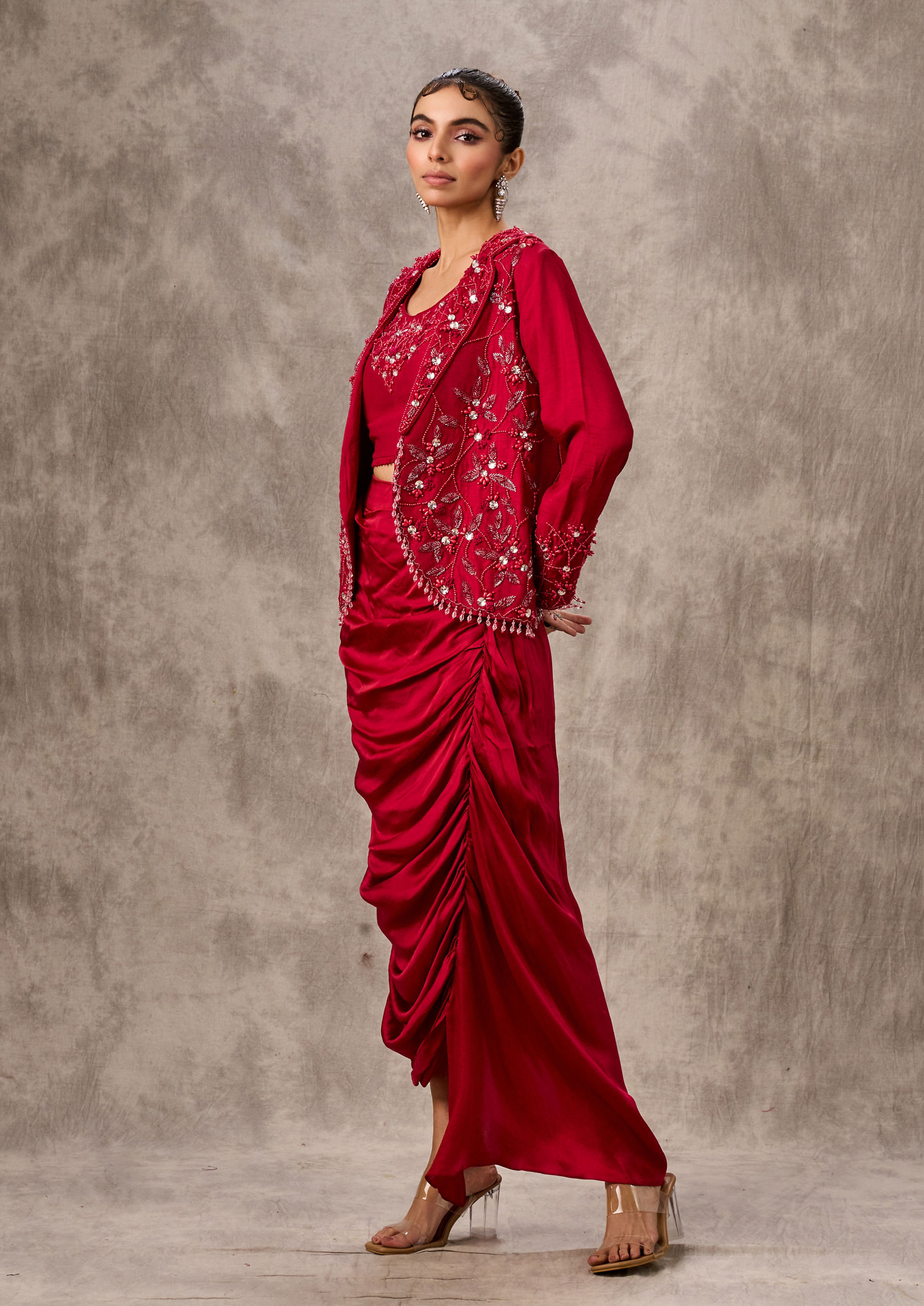 Twamev Women Red Silk Hand Embroidered Jacket Top With Draped Skirt