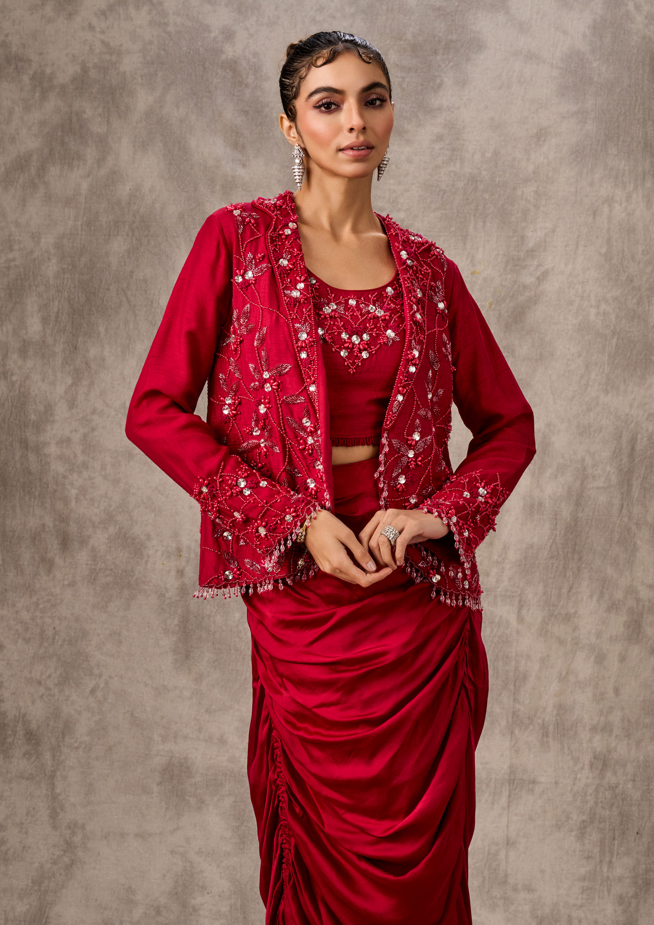 Twamev Women Red Silk Hand Embroidered Jacket Top With Draped Skirt