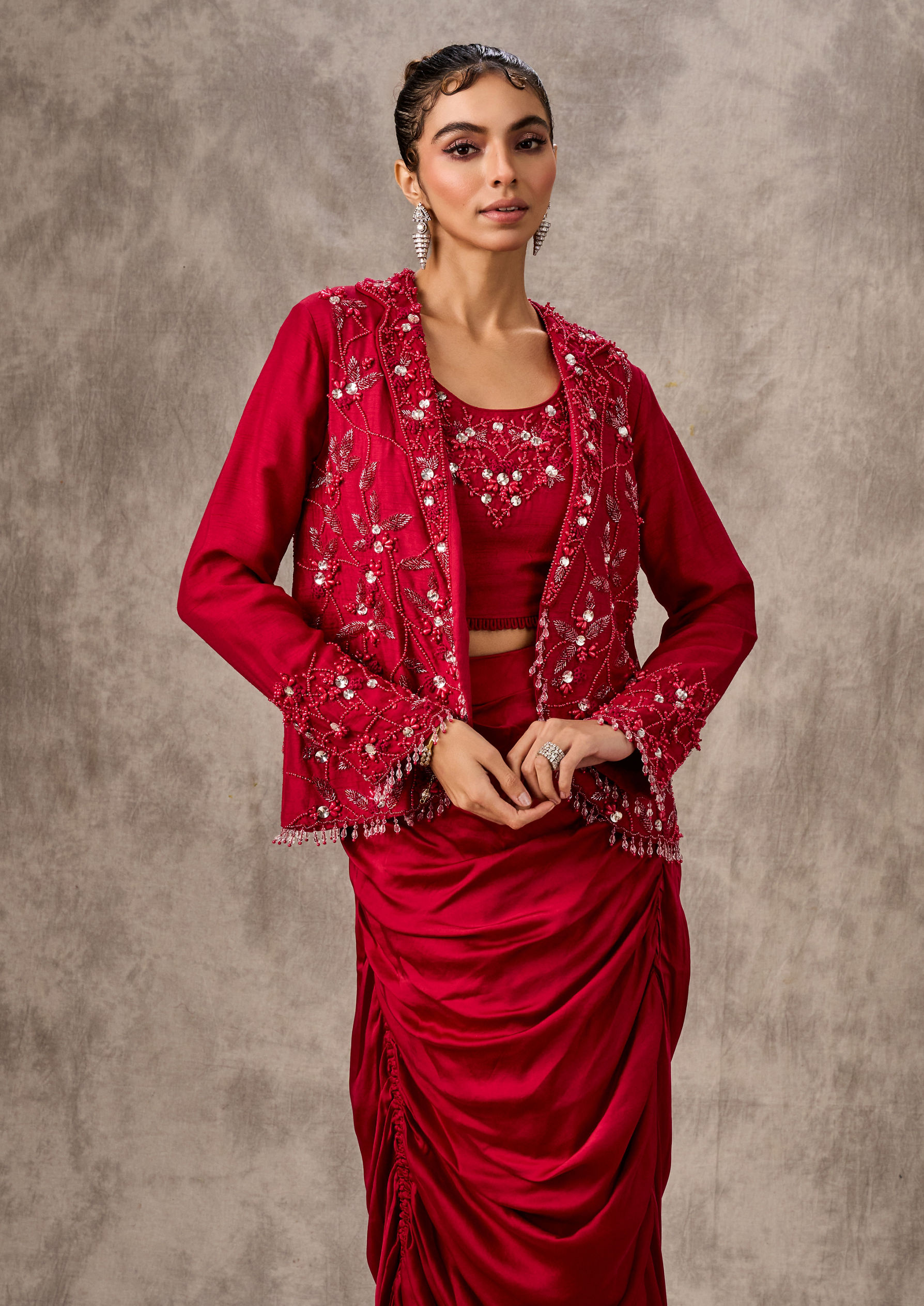 Twamev Women Red Silk Hand Embroidered Jacket Top With Draped Skirt