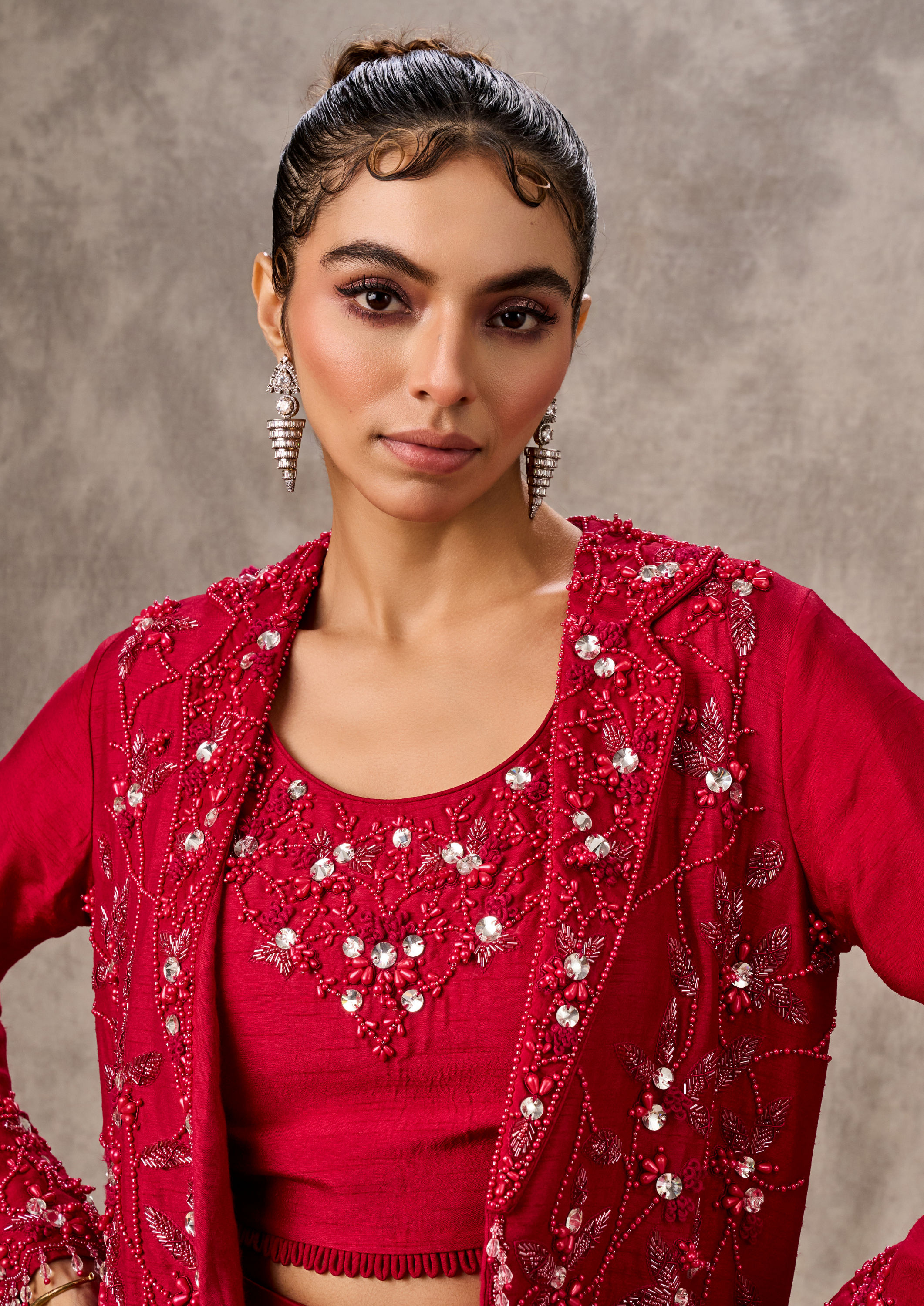 Twamev Women Red Silk Hand Embroidered Jacket Top With Draped Skirt