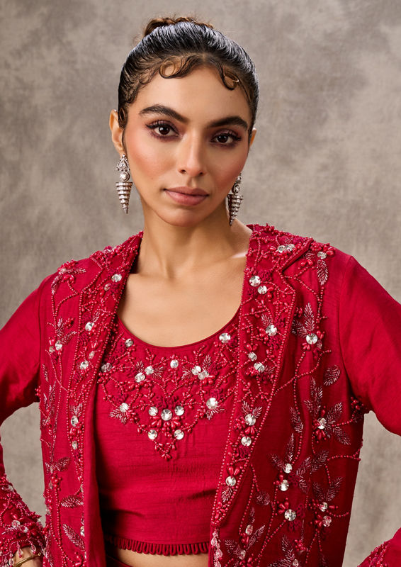 Twamev Women Red Silk Hand Embroidered Jacket Top With Draped Skirt