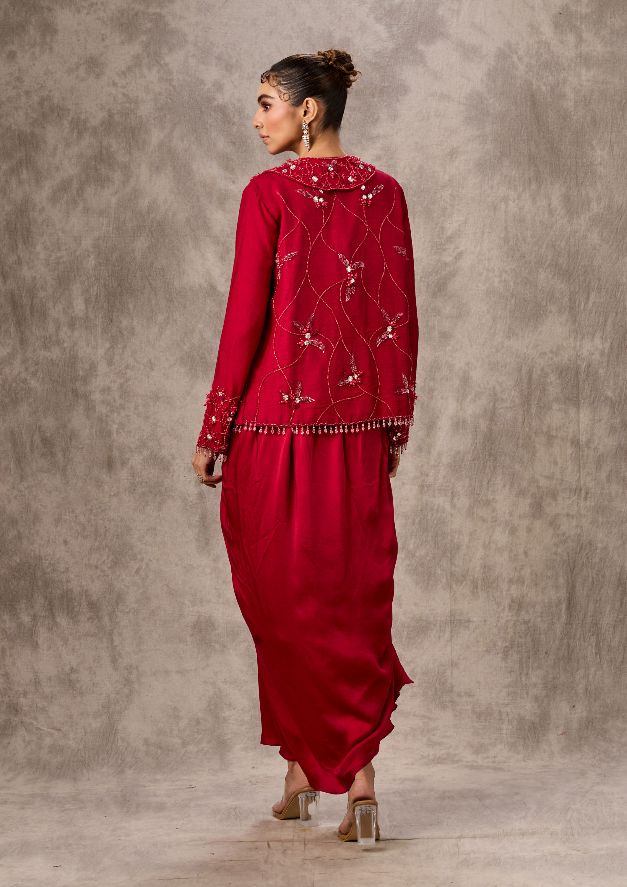 Twamev Women Red Silk Hand Embroidered Jacket Top With Draped Skirt