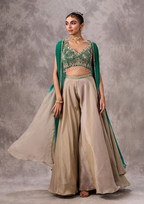 Twamev Women Green Chinon Party Wear Indo Western Set