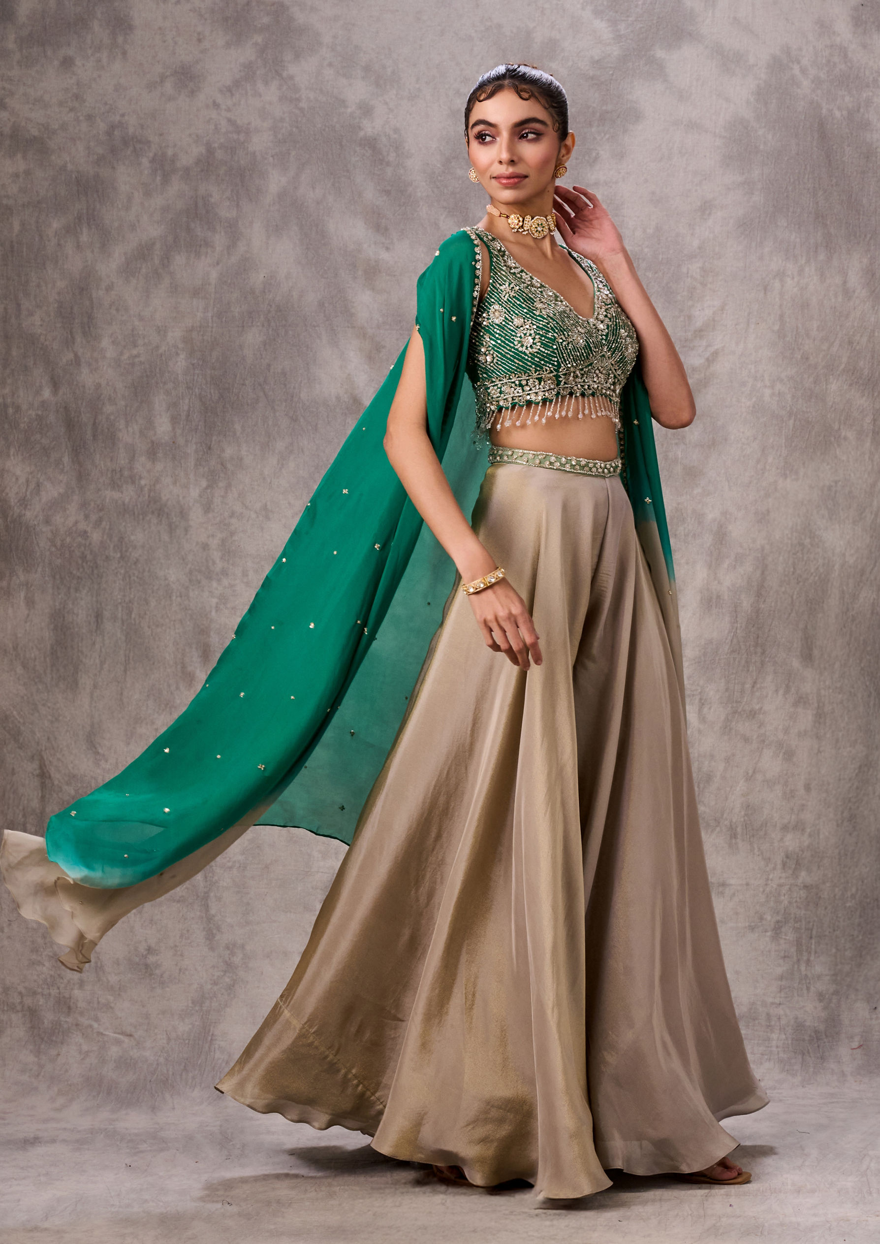 Twamev Women Green Chinon Party Wear Indo Western Set