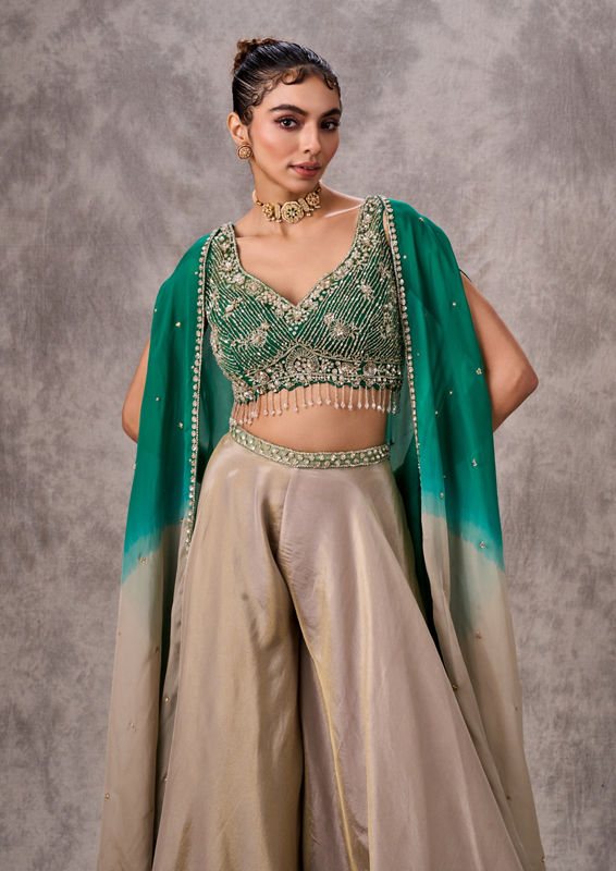 Twamev Women Green Chinon Party Wear Indo Western Set