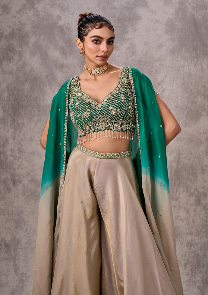 Twamev Women Green Chinon Party Wear Indo Western Set