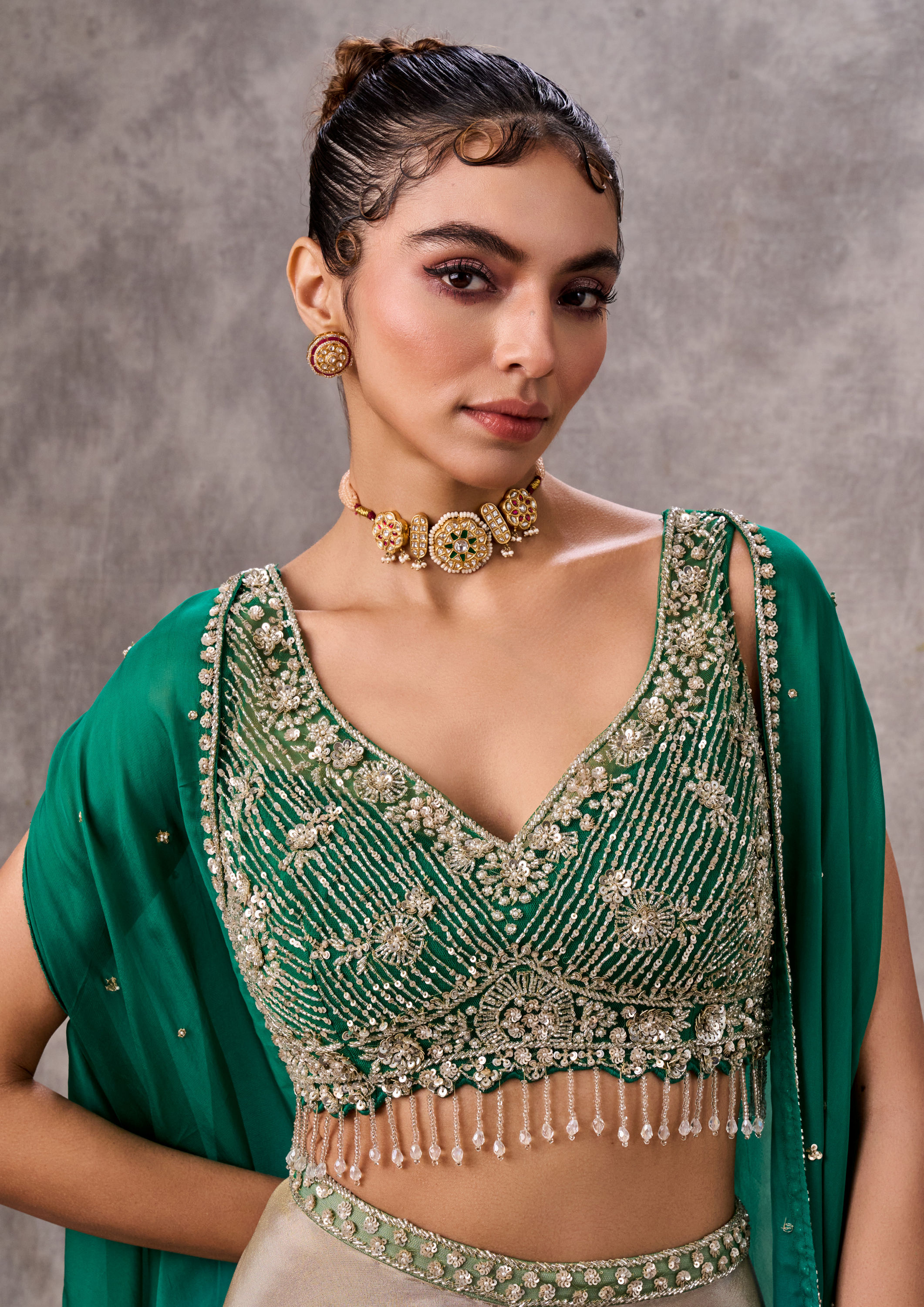 Twamev Women Green Chinon Party Wear Indo Western Set