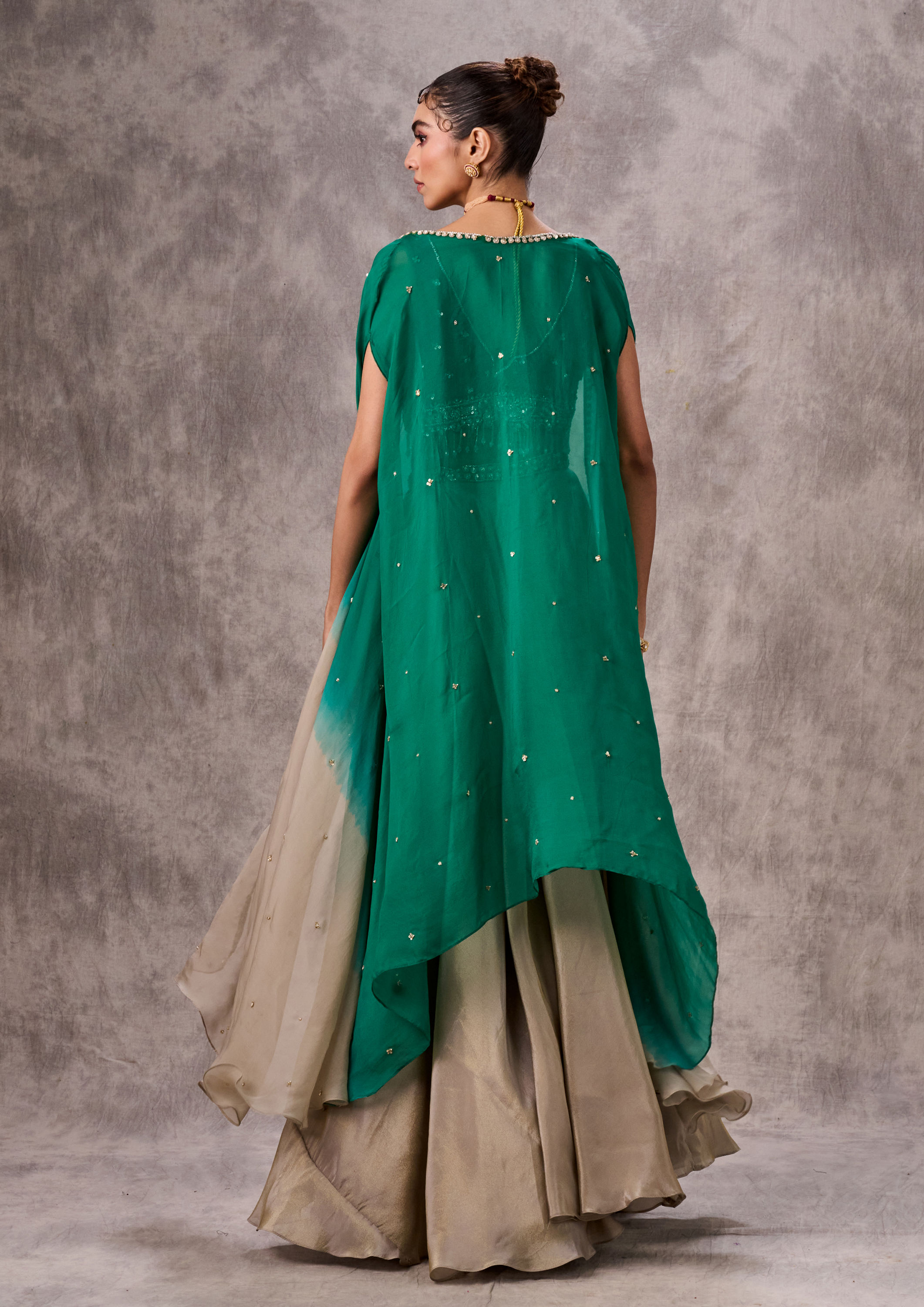 Twamev Women Green Chinon Party Wear Indo Western Set