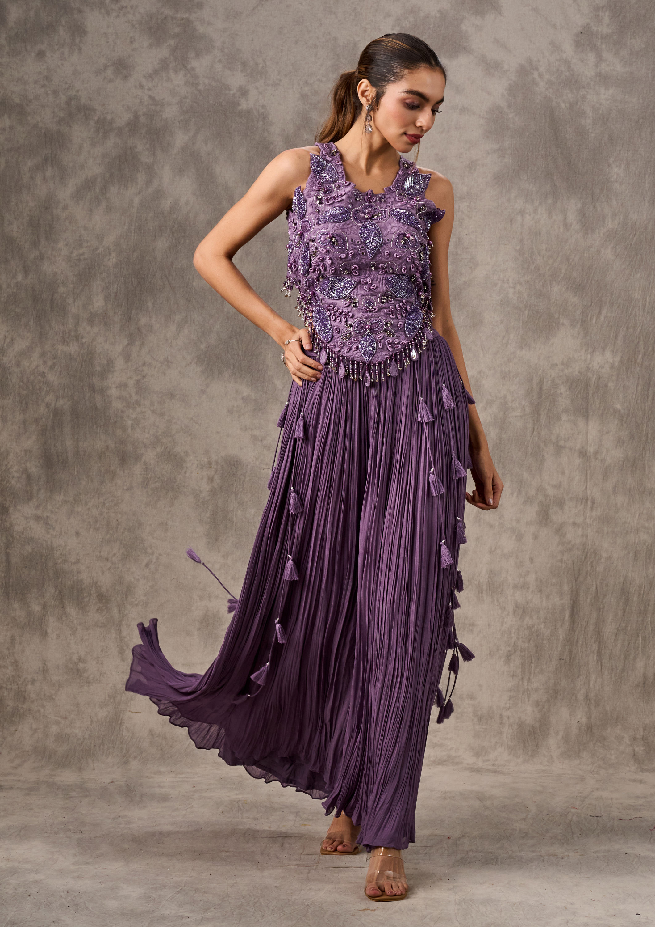 Twamev Women Purple Chinon Party Wear Indo Western Set