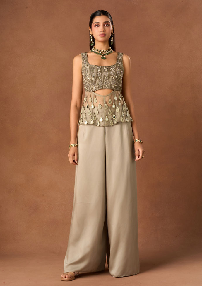 Twamev Women Fawn Knit Indo Western Top with Embroidery