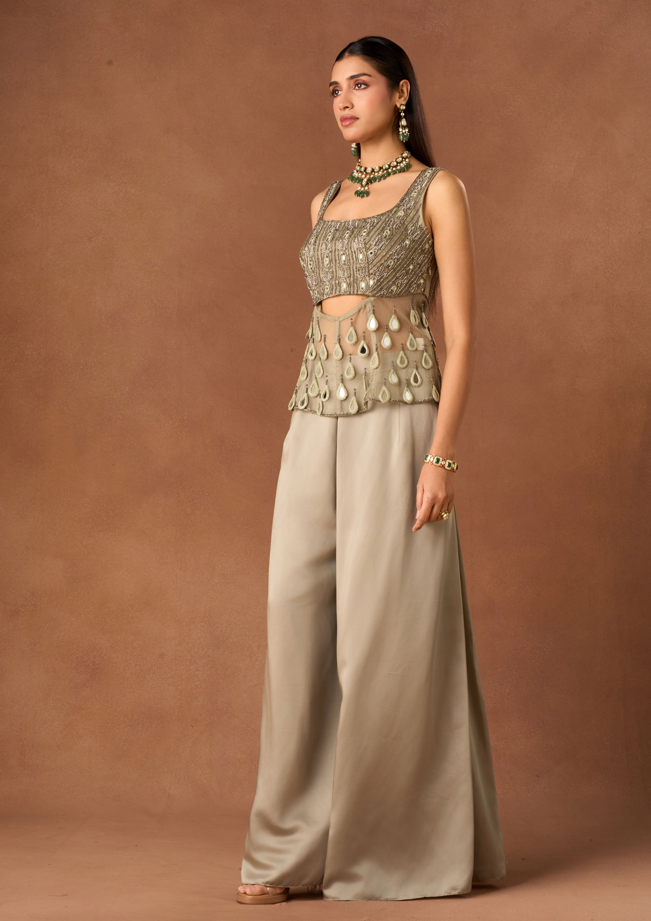 Twamev Women Fawn Knit Indo Western Top with Embroidery