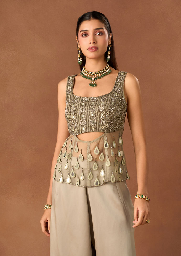 Twamev Women Fawn Knit Indo Western Top with Embroidery