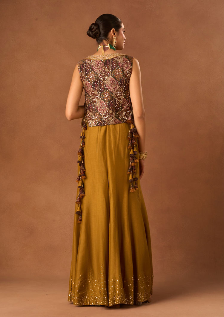 Twamev Women Mustard Art Silk Indo Western Set with Embroidery