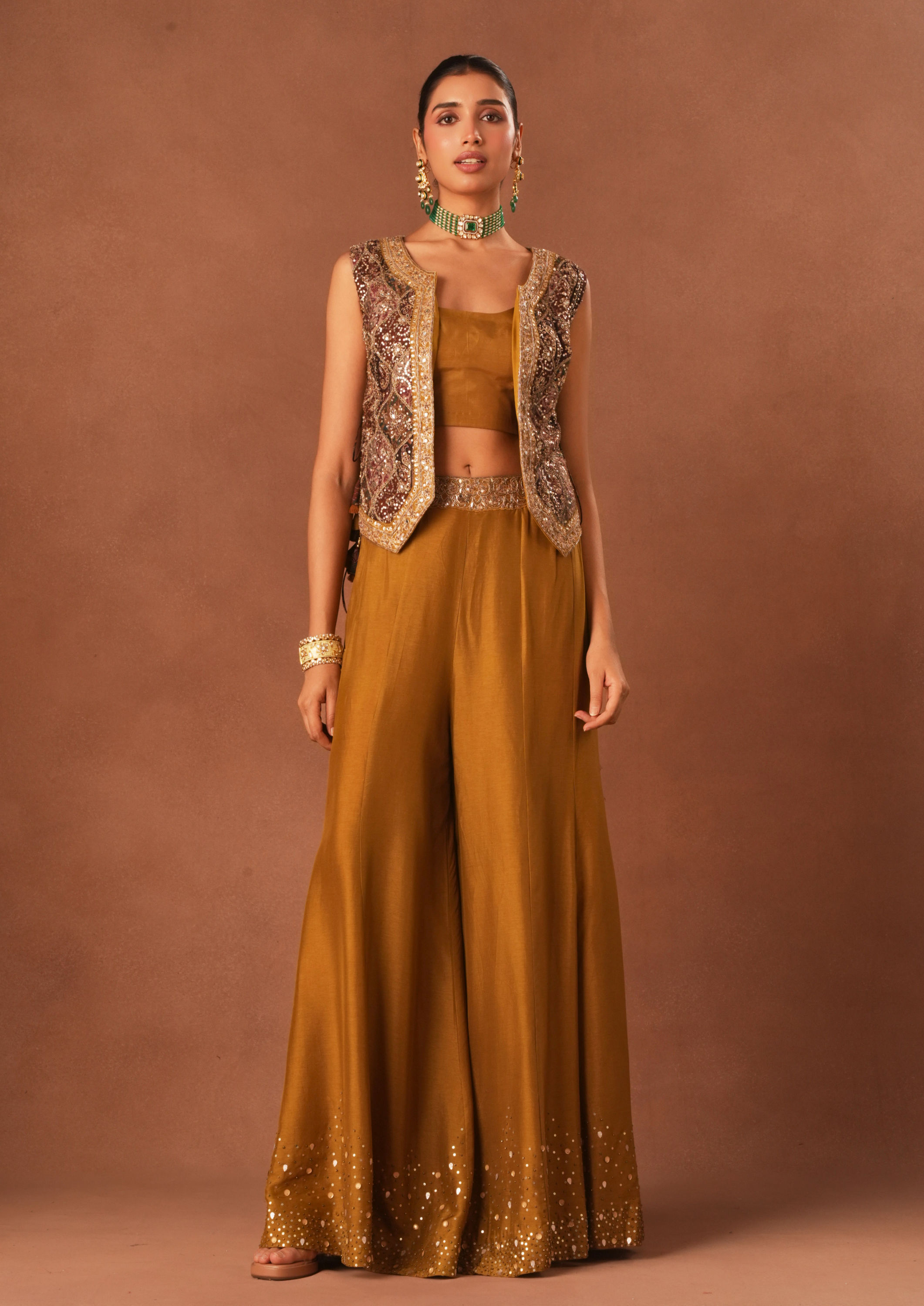 Twamev Women Mustard Art Silk Indo Western Set with Embroidery