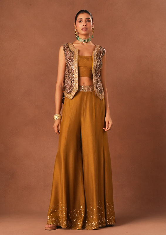 Twamev Women Mustard Art Silk Indo Western Set with Embroidery