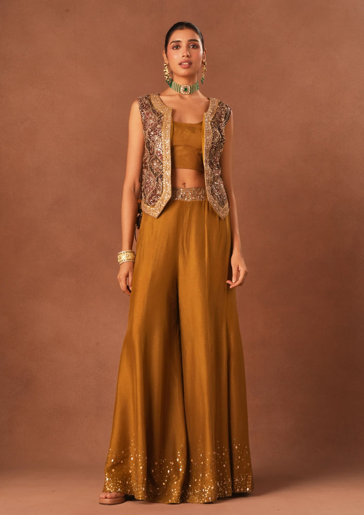 Twamev Women Mustard Art Silk Indo Western Set with Embroidery