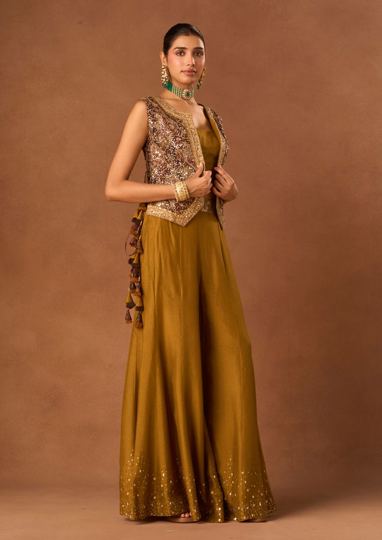 Twamev Women Mustard Art Silk Indo Western Set with Embroidery
