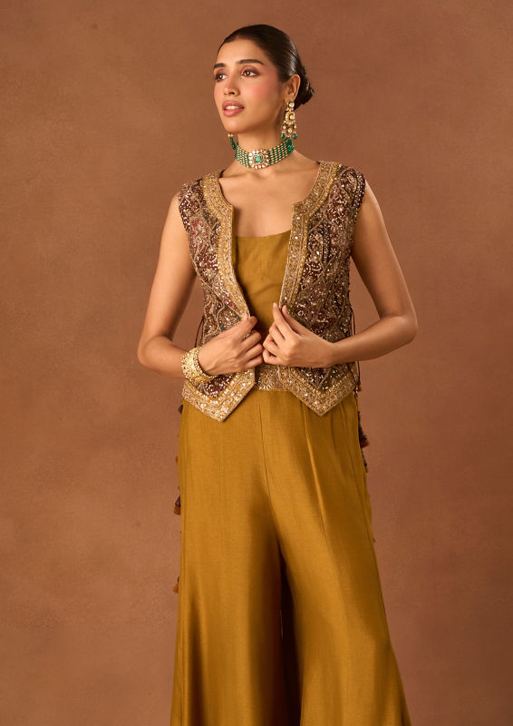 Twamev Women Mustard Art Silk Indo Western Set with Embroidery