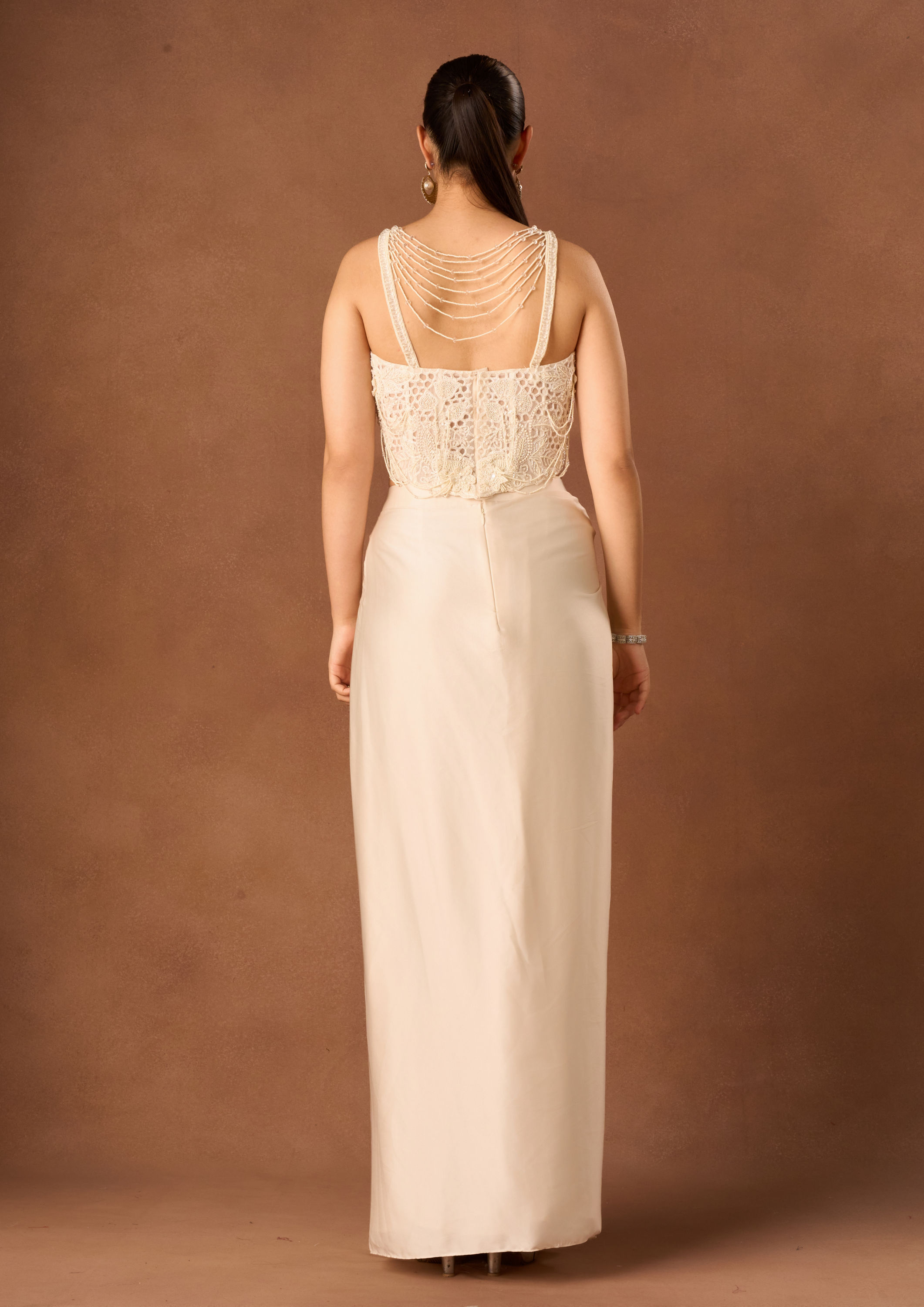 Twamev Women Cream Georgette Corset Lahenga
