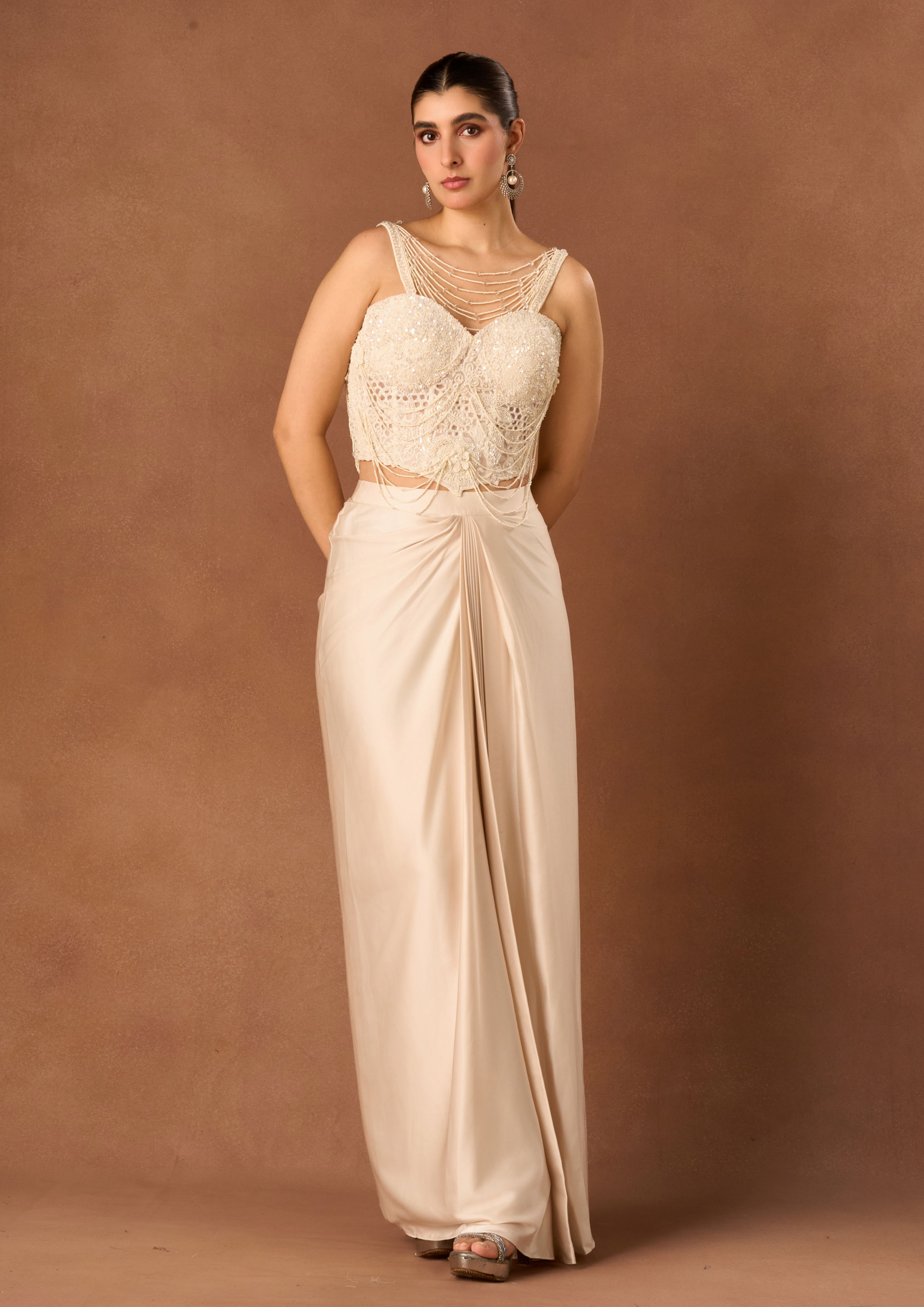 Twamev Women Cream Georgette Corset Lahenga