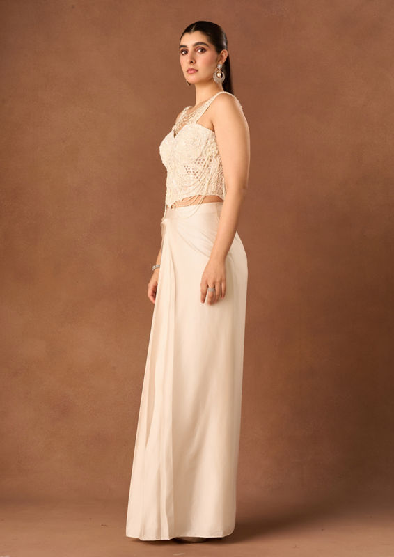 Twamev Women Cream Georgette Corset Lahenga