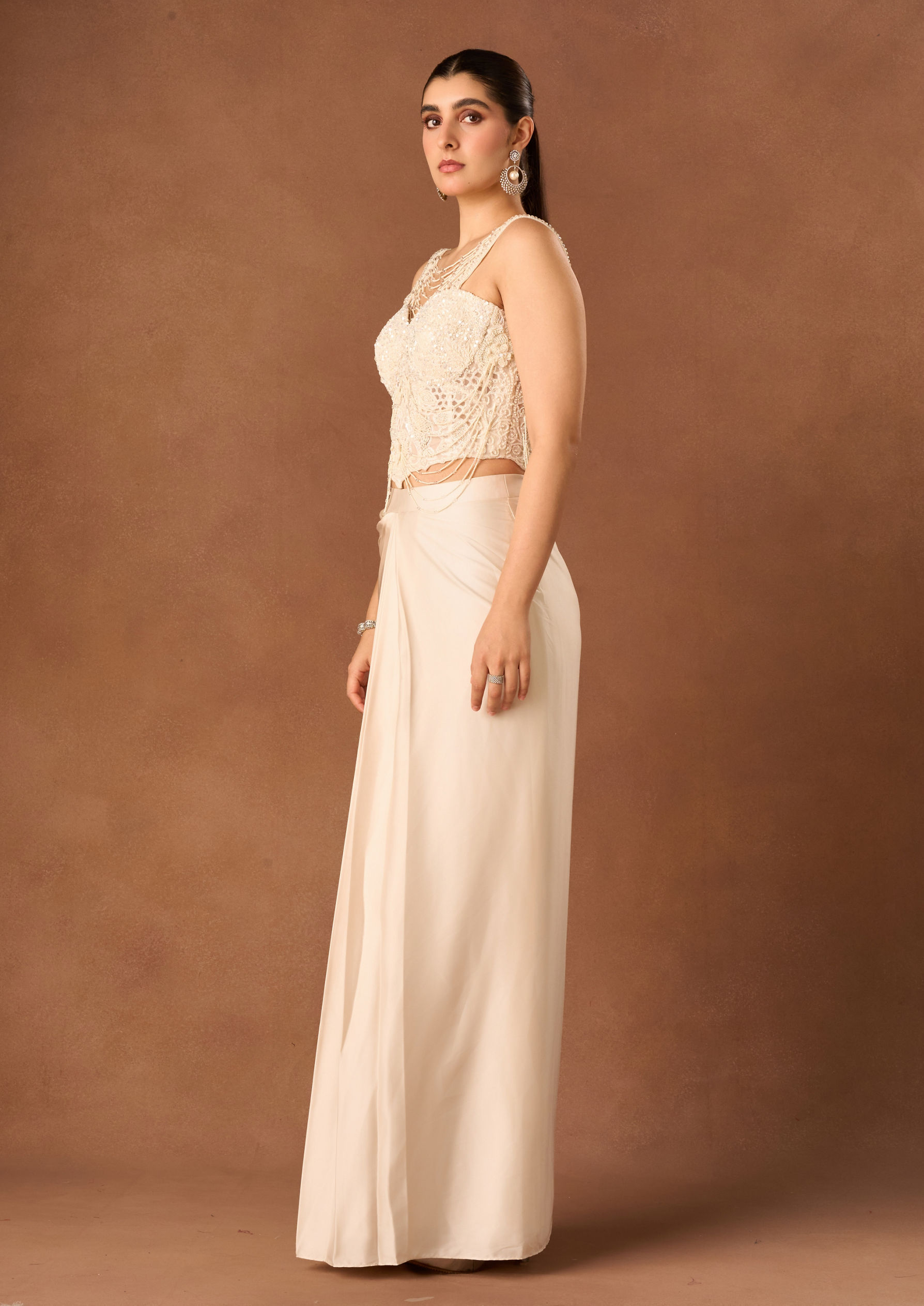 Twamev Women Cream Georgette Corset Lahenga