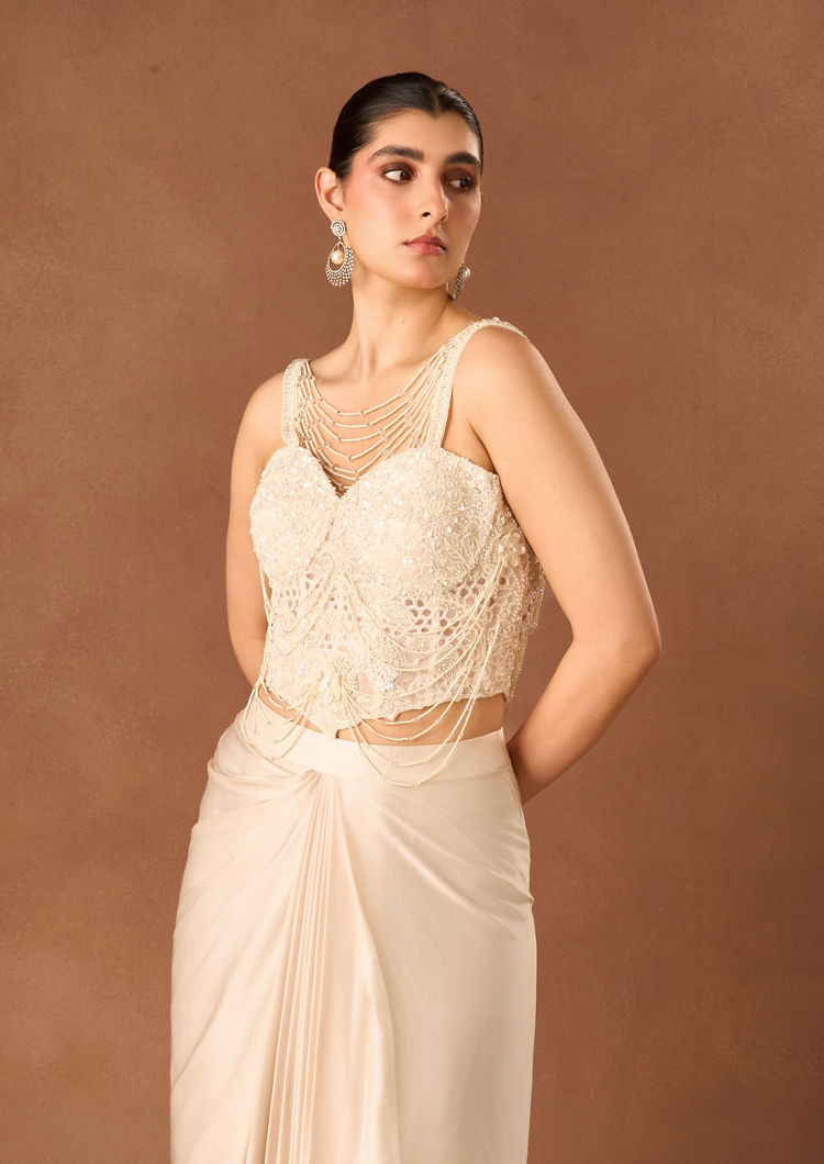 Twamev Women Cream Georgette Corset Lahenga