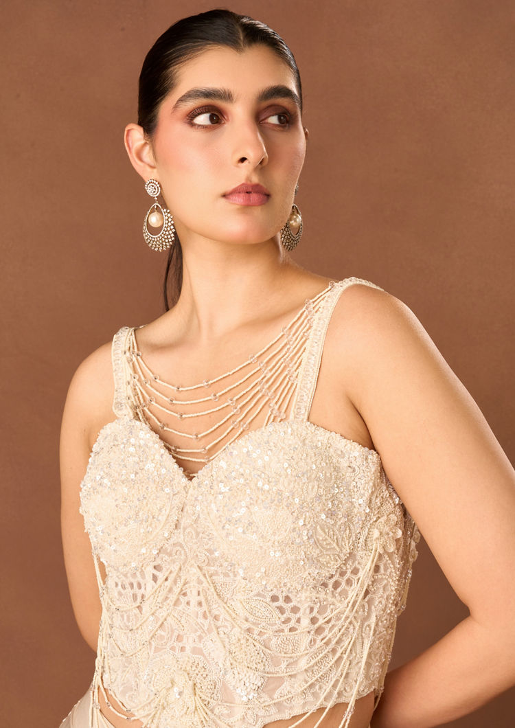 Twamev Women Cream Georgette Corset Lahenga