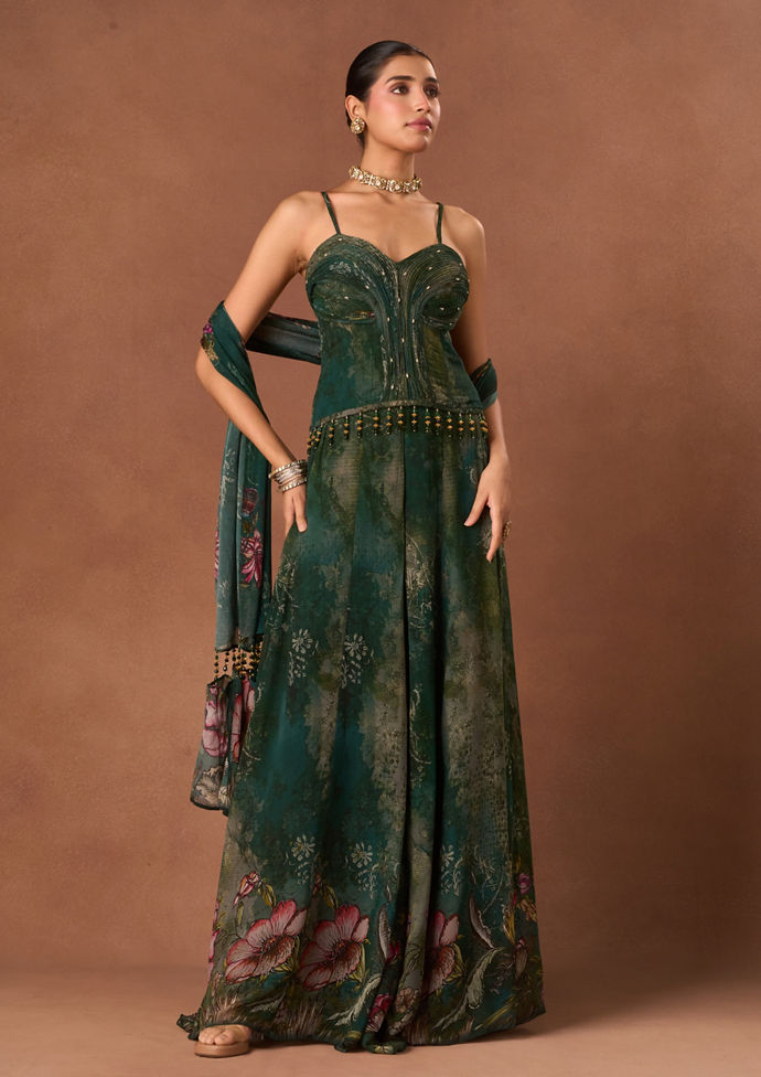 Twamev Women Bottle Green Georgette Indo Western with Dupatta