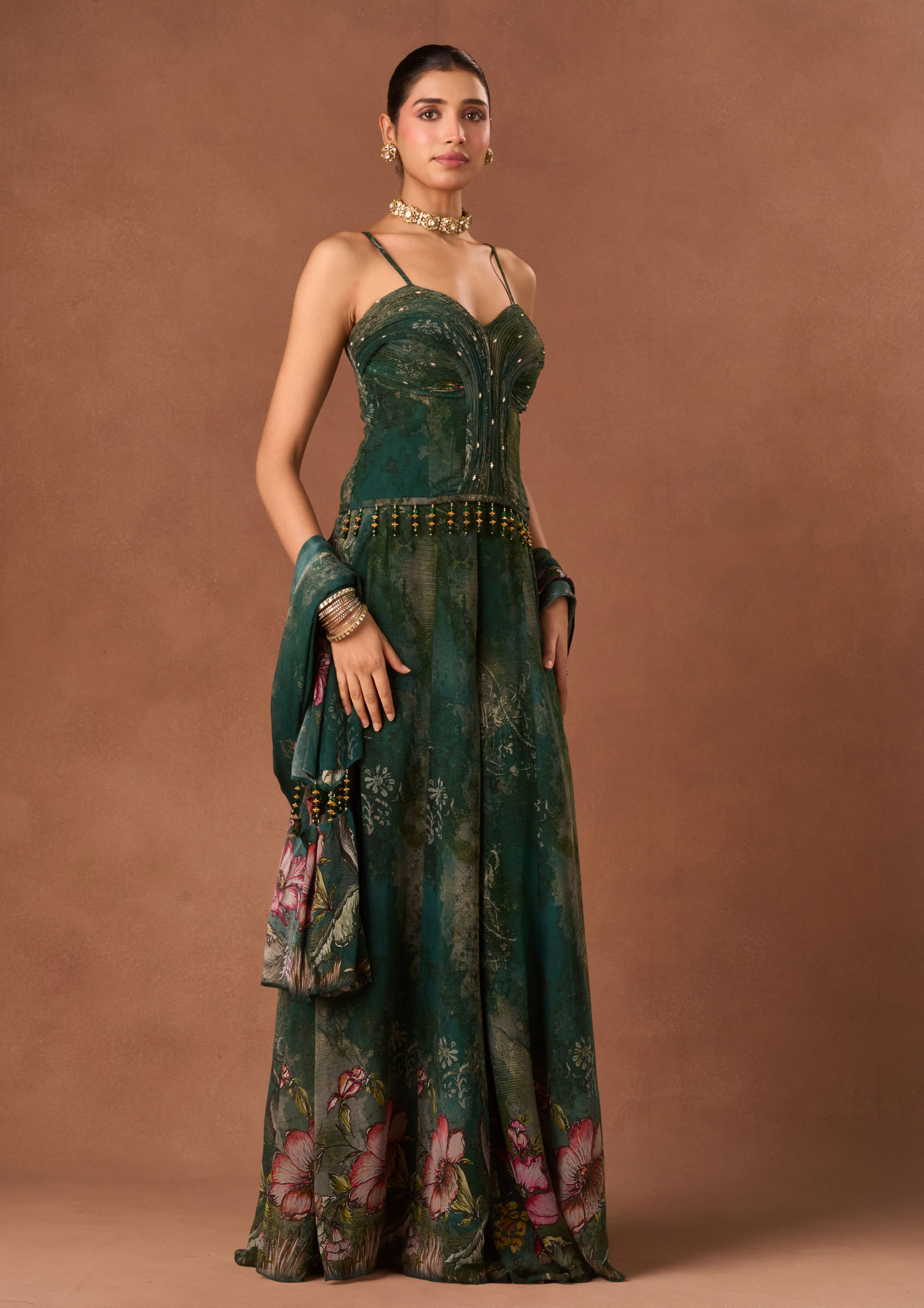 Twamev Women Bottle Green Georgette Indo Western with Dupatta