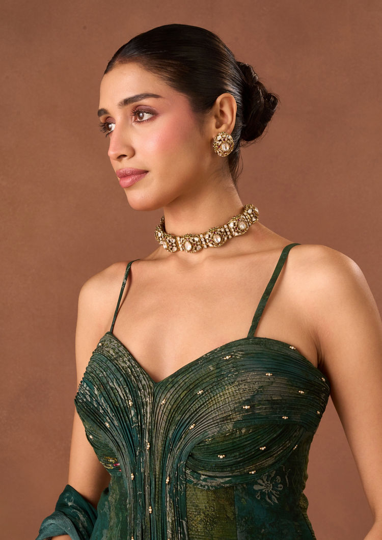 Twamev Women Bottle Green Georgette Indo Western with Dupatta