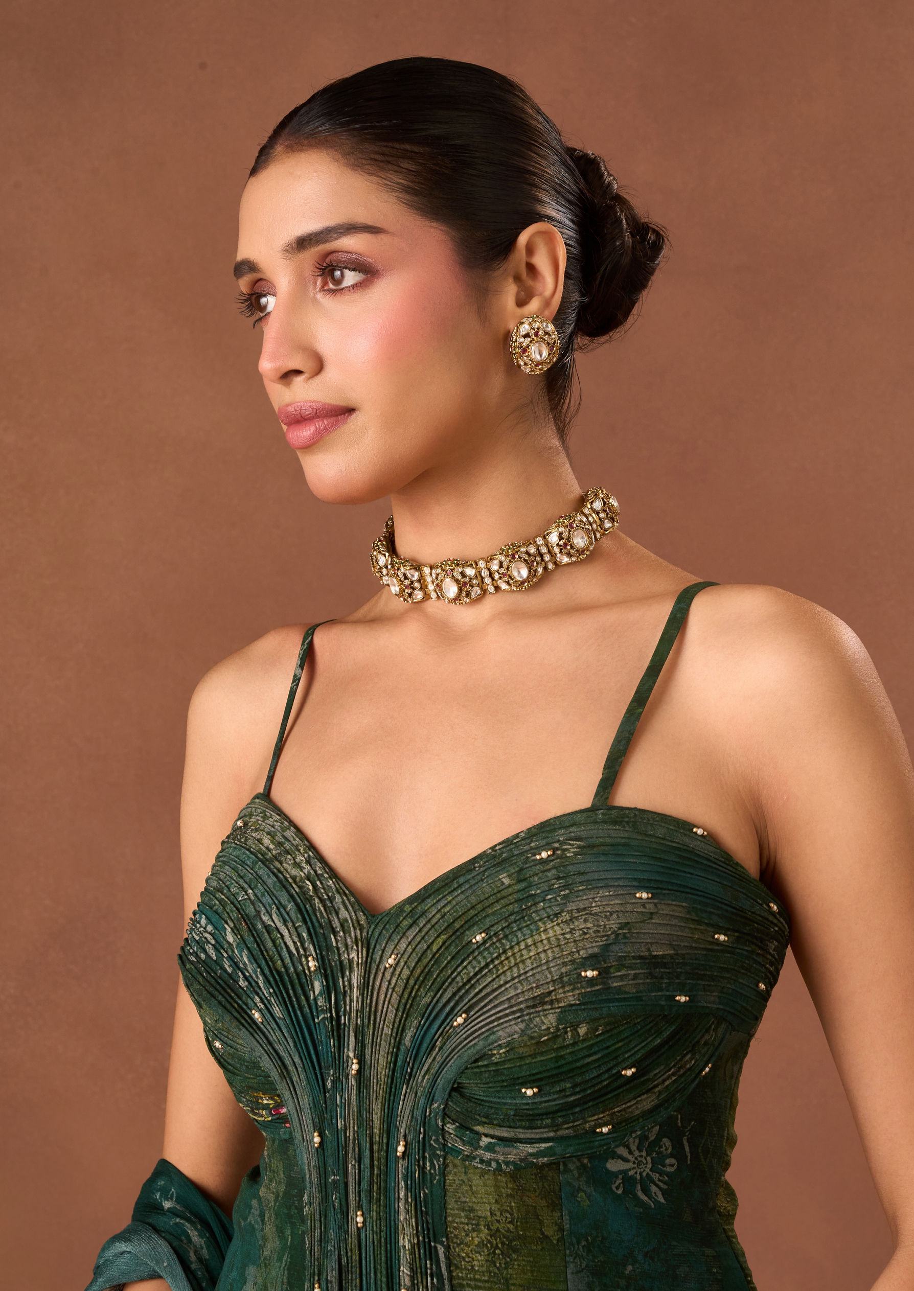 Twamev Women Bottle Green Georgette Indo Western with Dupatta
