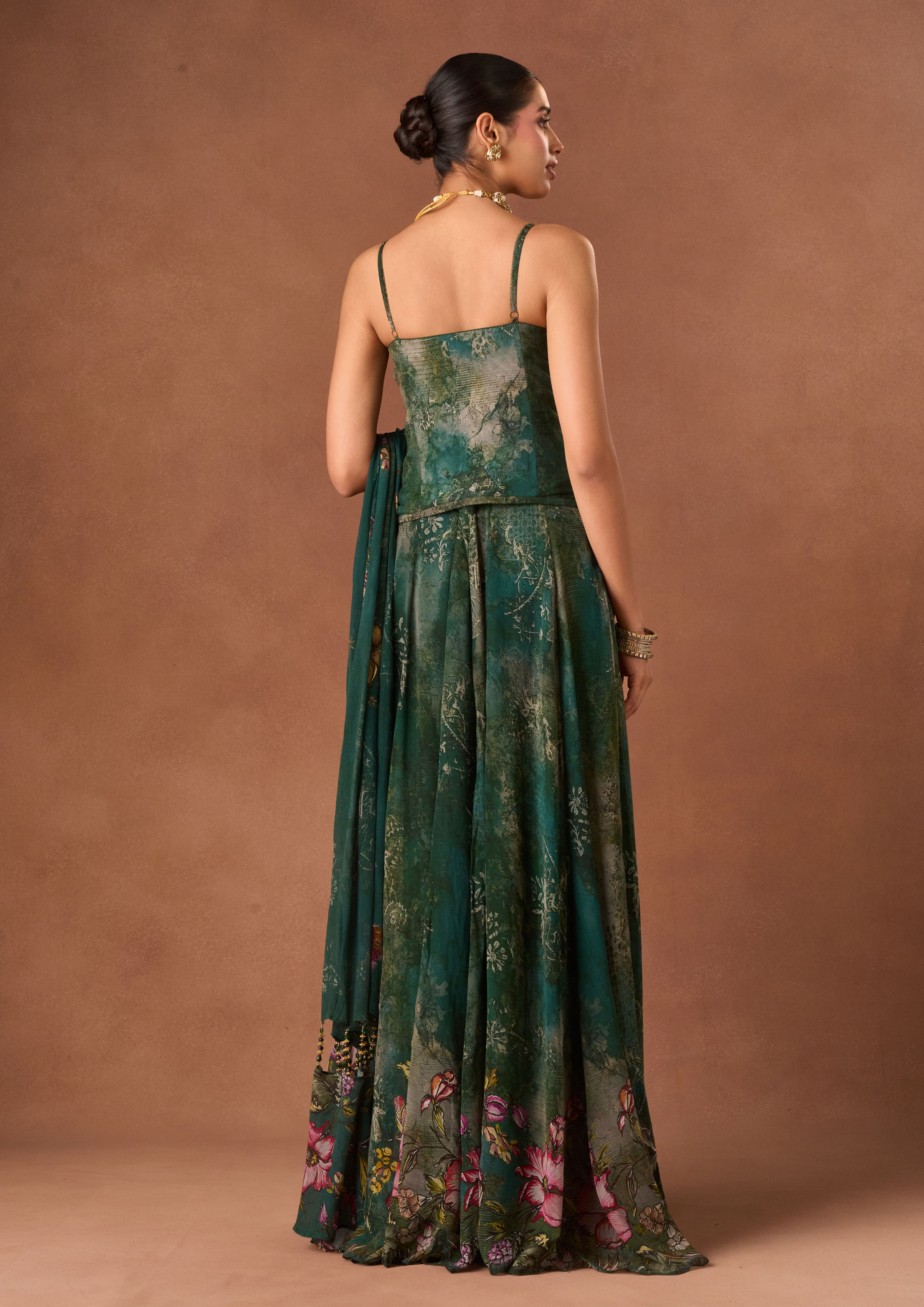 Twamev Women Bottle Green Georgette Indo Western with Dupatta