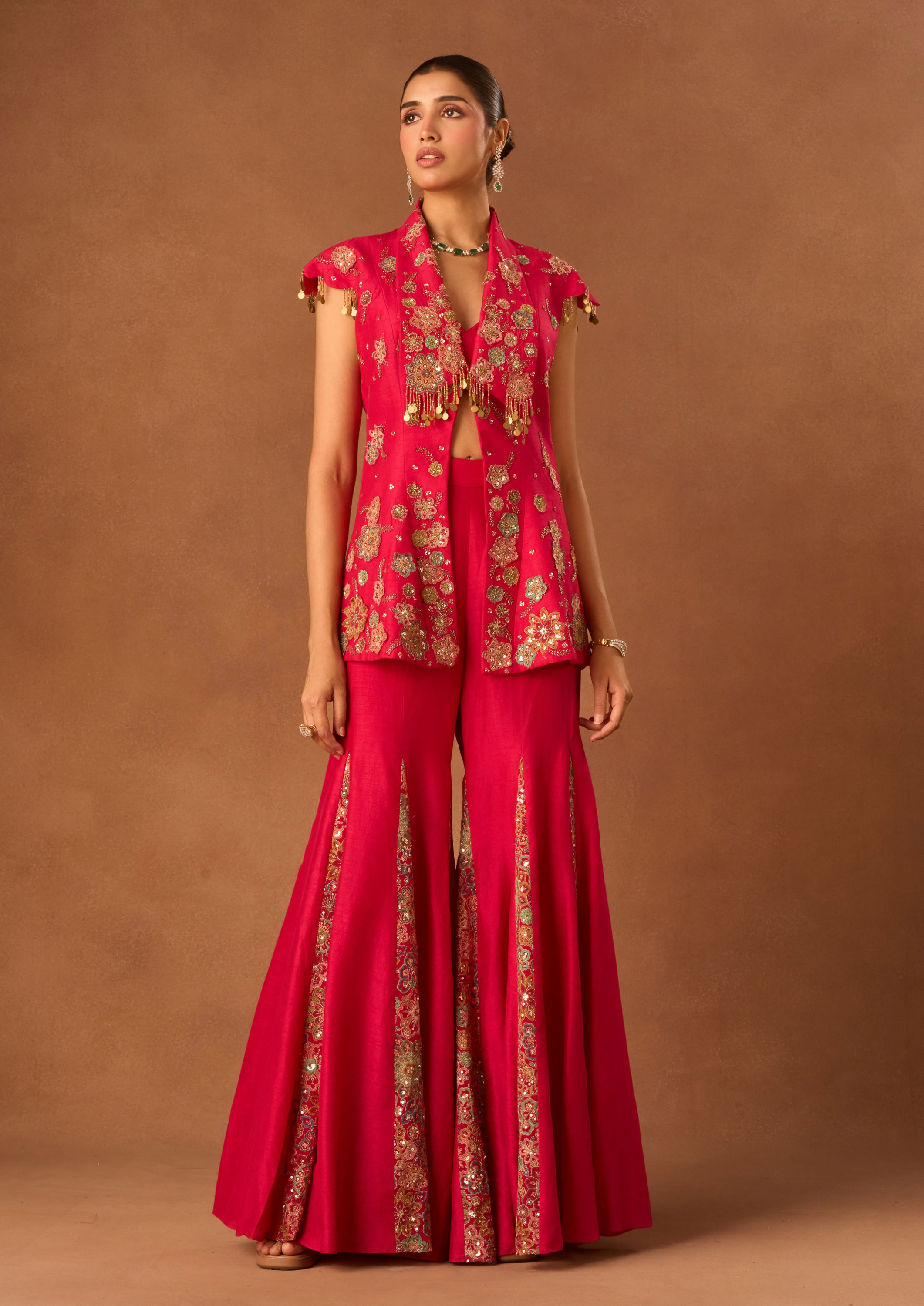 Twamev Women Pink Art Silk Indo Western Jacket with Embroidery