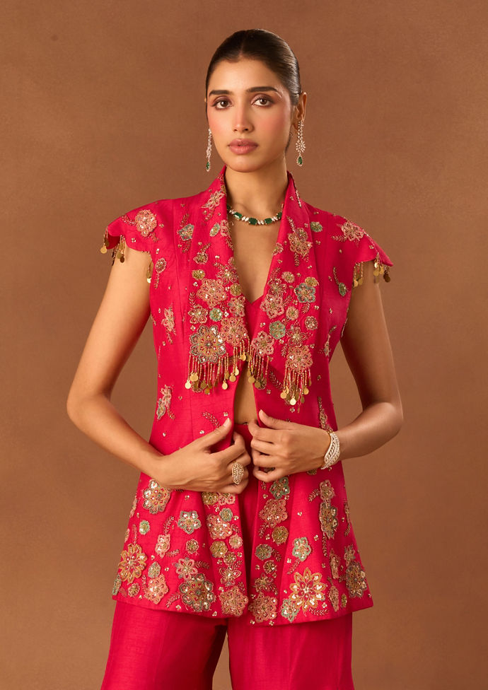 Twamev Women Pink Art Silk Indo Western Jacket with Embroidery
