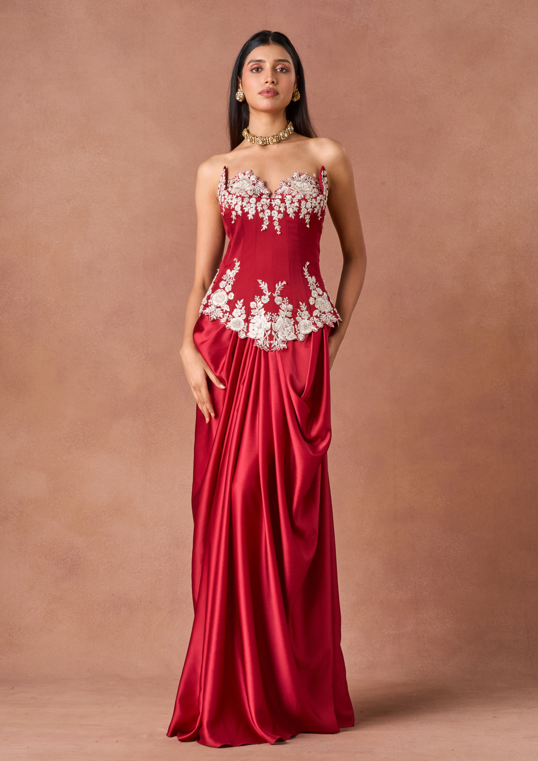 Twamev Women Crimson Floral Embroidered Indo Western